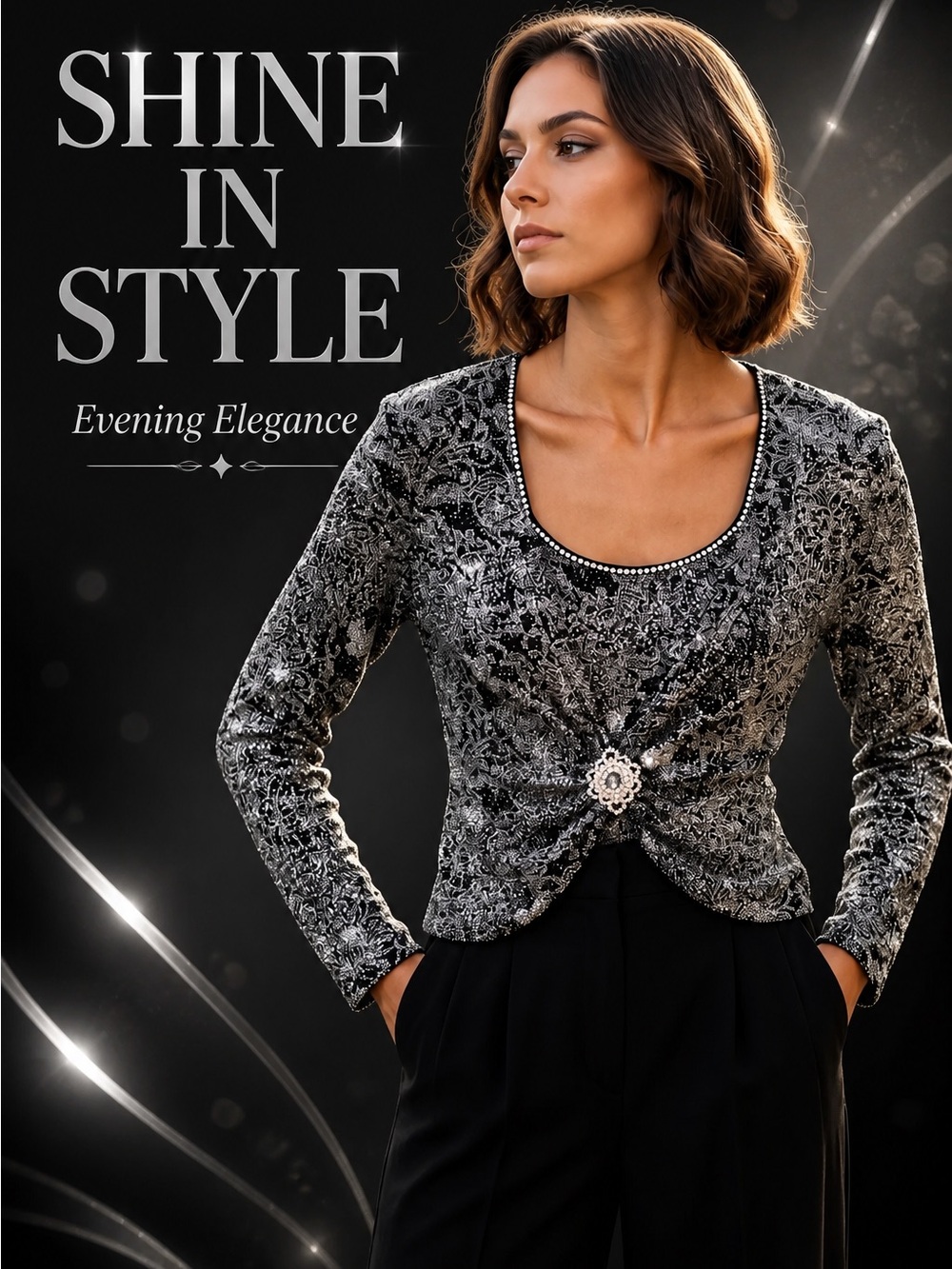 Laura Petites Black Silver Shimmer Embellished Stretch Top Petite Large PL